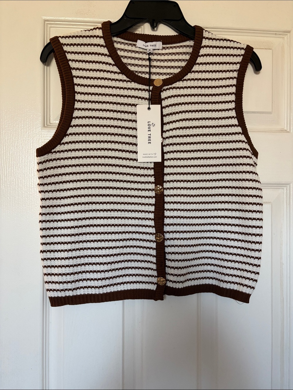 Love Tree Brown & White Striped Sleeveless Knit Cardigan